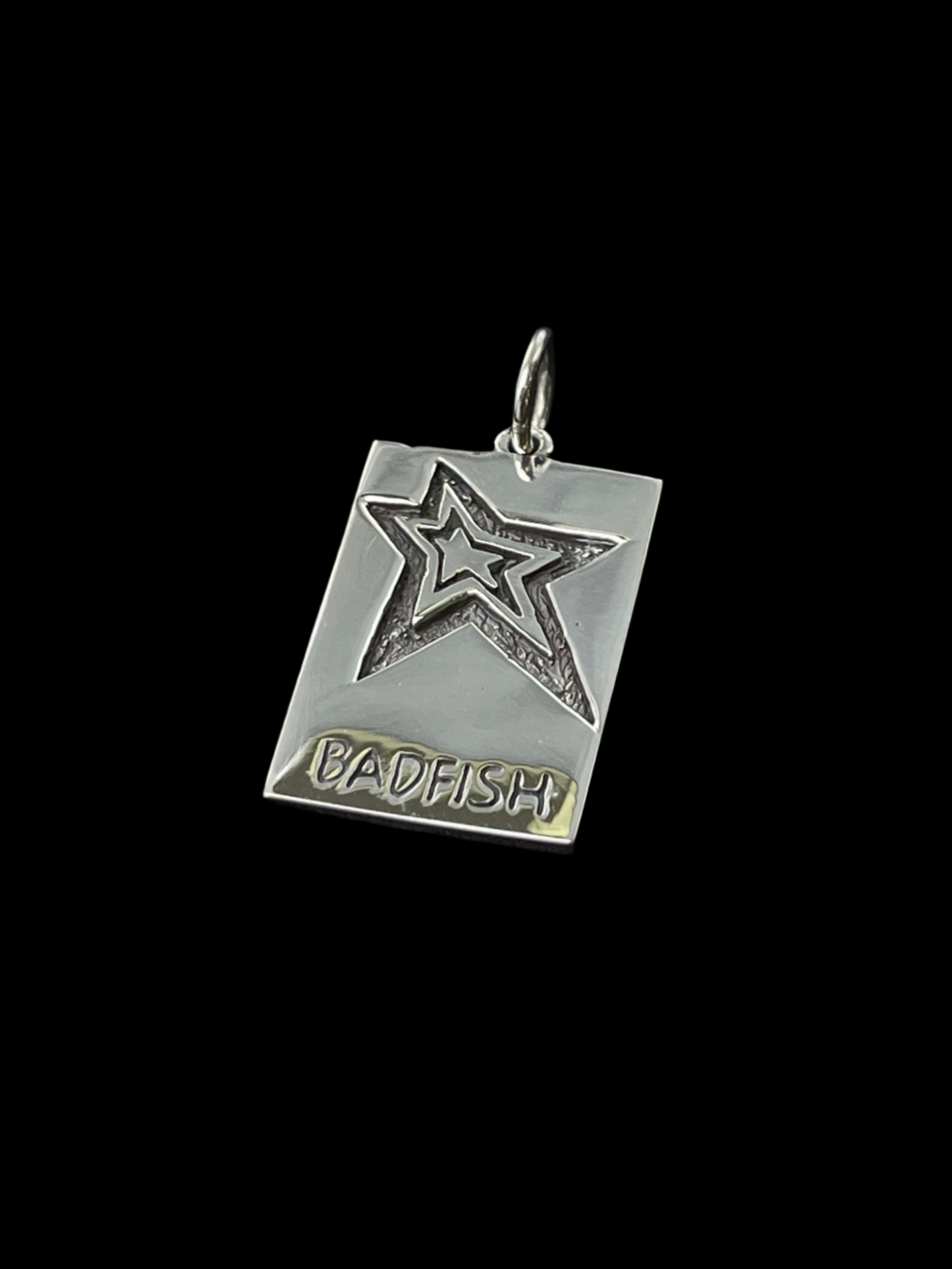 925 Sterling Silver Handmade Starception Pendant- Angled View not on Chain with Badfish Engraved into it
