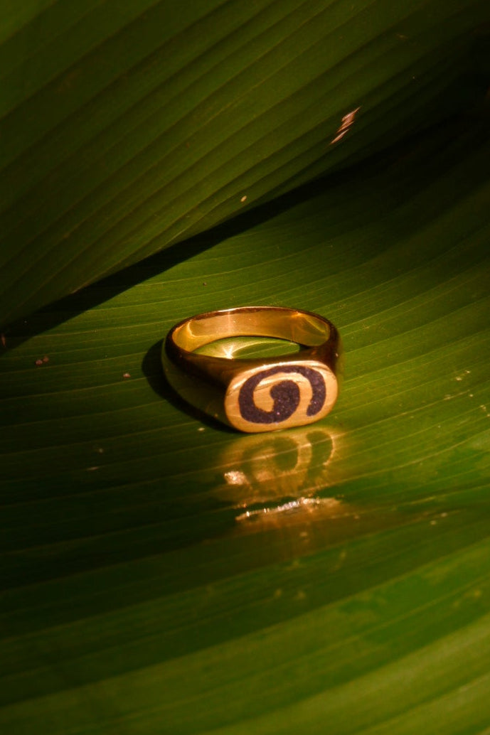 Black Sand Spiral Signet Ring- Front Perspective