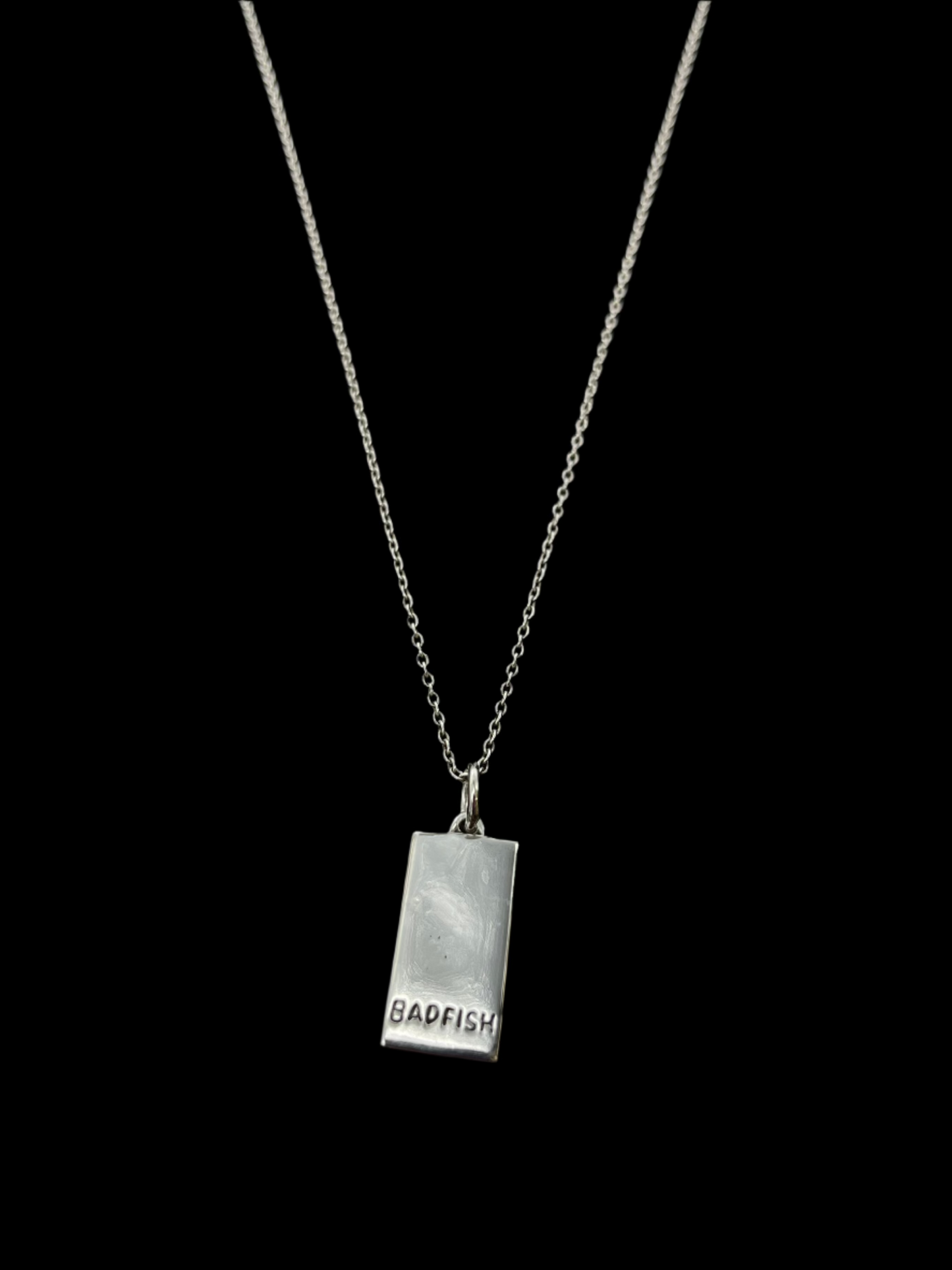 The Back of Sterling Silver Dog Tag- Engraved with Company's name, "Badfish" on Sterling Silver Chain