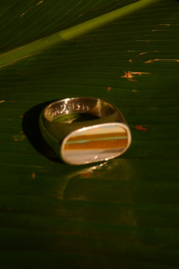 Quarter Front Angle, Recycled Surfboard Resin Scrap Stone, Set in 925 Sterling Silver Signet Ring, Engraved BADFISH inside of Ring