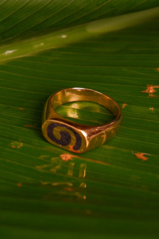 Top View of Gold Platted Volcanic Black Sand Spiral Ring
